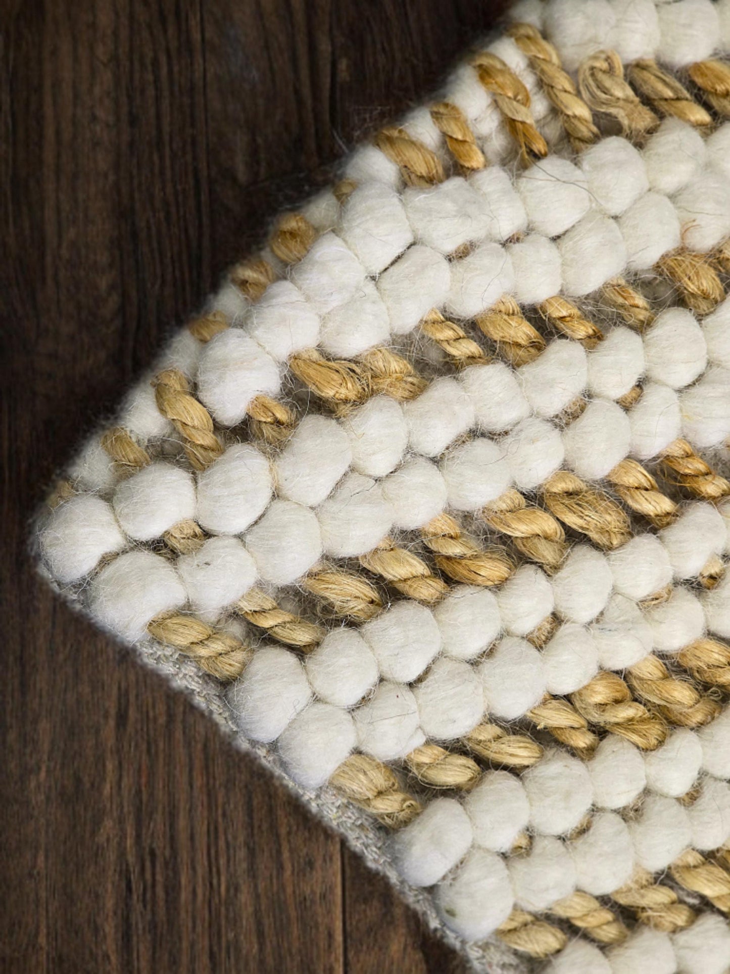 Custom Wool Jute Rug - Handwoven Diagonal Stripe Design - Boho-Chic Rustic Rug - Eco-Friendly Off-White & Golden Jute Area Rug in All Sizes