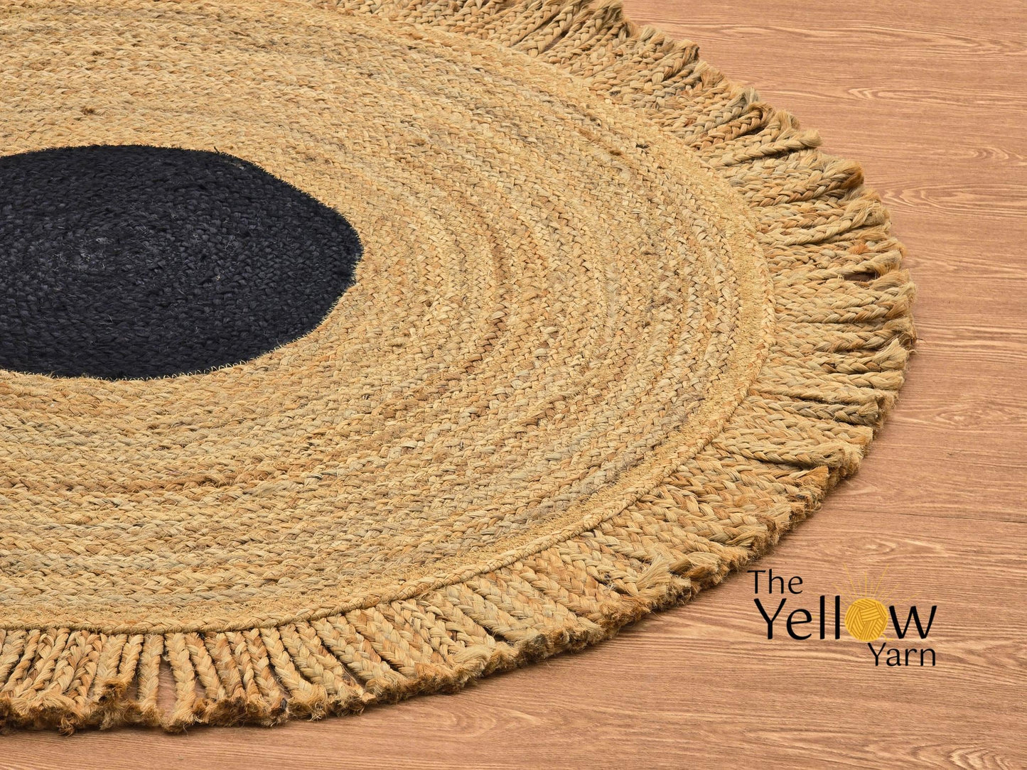 Round Jute Rug with Black Center – Fringe Boho Braided Mat | Natural Fiber Handmade Carpet | Entryway Living Room Decor