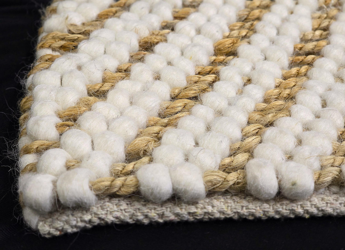 Custom Wool Jute Rug - Handwoven Diagonal Stripe Design - Boho-Chic Rustic Rug - Eco-Friendly Off-White & Golden Jute Area Rug in All Sizes