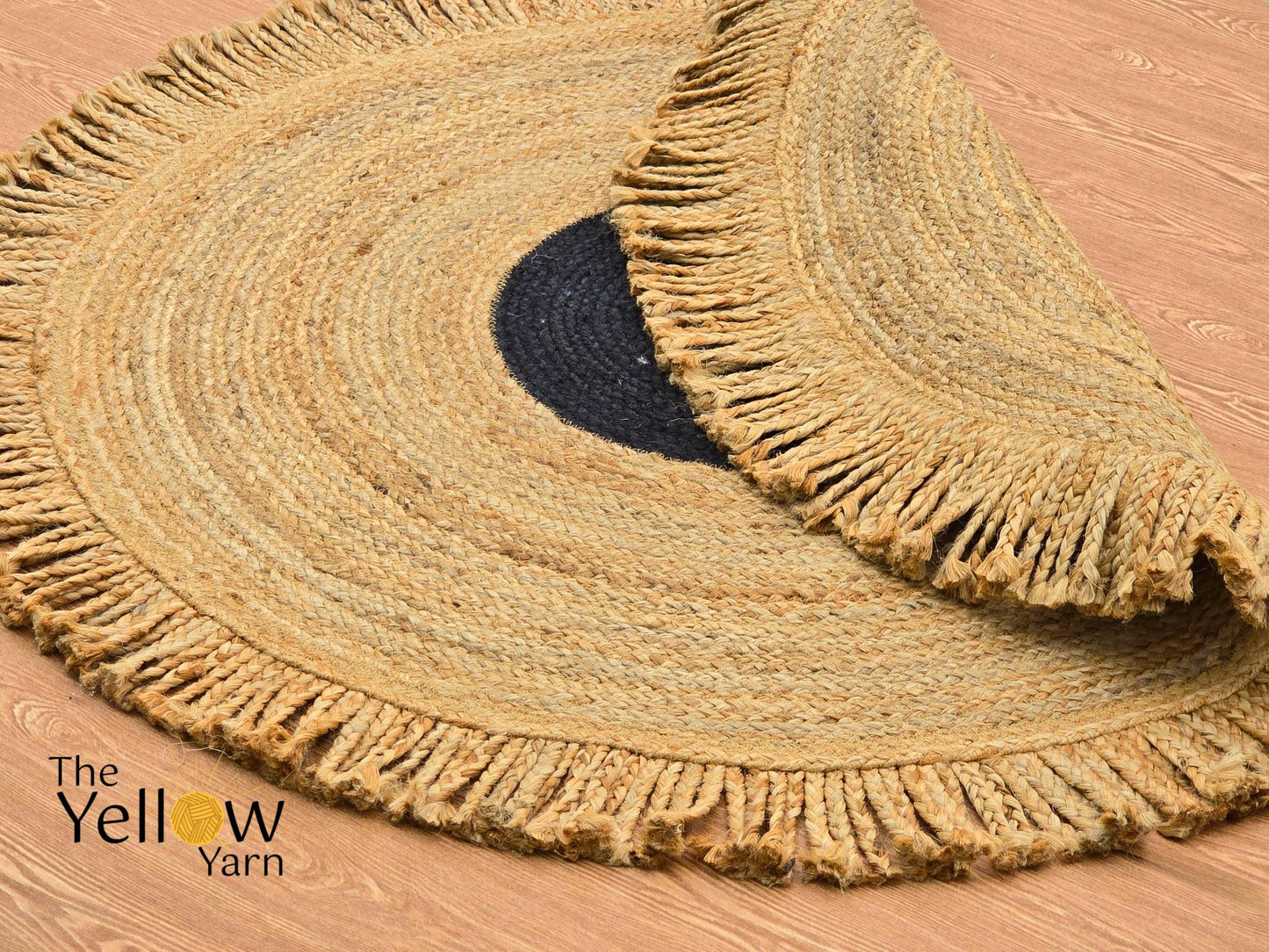 Round Jute Rug with Black Center – Fringe Boho Braided Mat | Natural Fiber Handmade Carpet | Entryway Living Room Decor