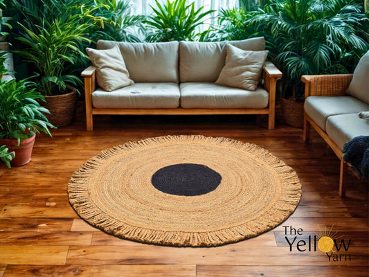 Round Jute Rug with Black Center – Fringe Boho Braided Mat | Natural Fiber Handmade Carpet | Entryway Living Room Decor
