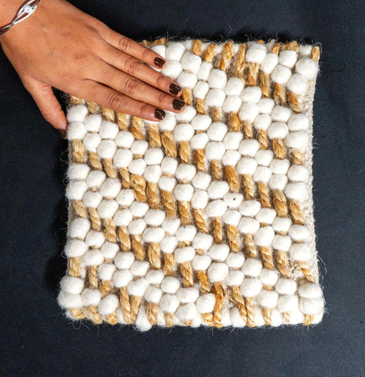 Custom Wool Jute Rug - Handwoven Diagonal Stripe Design - Boho-Chic Rustic Rug - Eco-Friendly Off-White & Golden Jute Area Rug in All Sizes