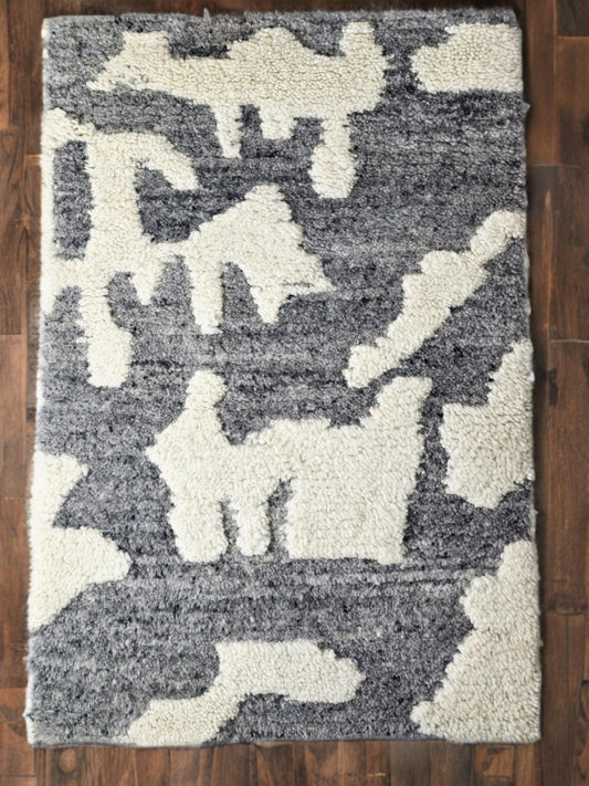 Custom Handmade Wool Rug - Abstract Gray & Cream Area Rug - 5x7 High-Pile Shag.